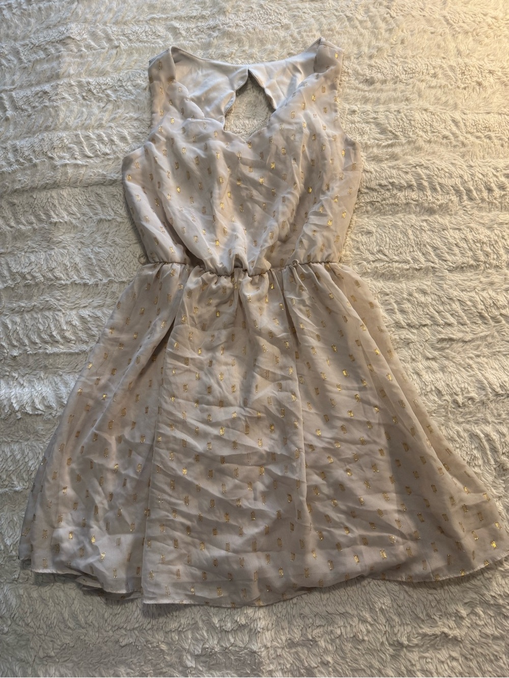 A. Byer Cream Gold Foil Dot Keyhole Back Mini Dress Cottagecore Small